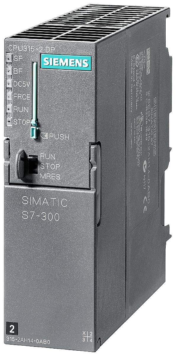 'Siemens SIMATIC S7-300 CPU315-2 DP' besturingsapparaat, grijs, met LED-indicatoren en schakelaars aan de voorkant, voor industriële automatisering.