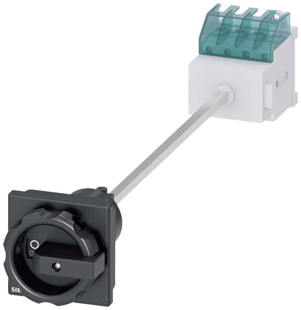 Zwarte draaiknop met lange steel, aangesloten op een wit behuizing met een groen bovendeel, waarschijnlijk een elektrisch onderdeel.