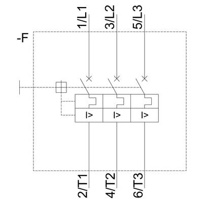 Schakelschema van een driepolige vermogensschakelaar. Toont ingangsklemmen 1/L1, 3/L2, 5/L3 en uitgangsklemmen 2/T1, 4/T2, 6/T3.