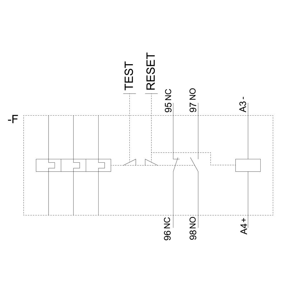 'Bedradingsdiagram van een elektronisch apparaat met test- en resetopties, aansluitklemmen 95 NC, 96 NO, 98 NO, A3-, A4+.'