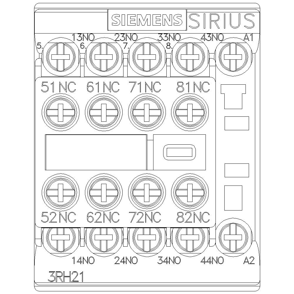 Technische tekening van een Siemens SIRIUS 3RH21 schakelrelais. Toont aansluitklemmen en contactaanduidingen zoals 'NO' en 'NC'.