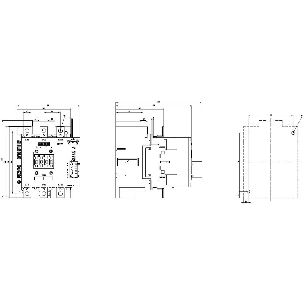 Technische tekening van een elektrische schakelaar met vooraanzicht, zijaanzicht en afmetingen, toont opbouw en verbindingen.