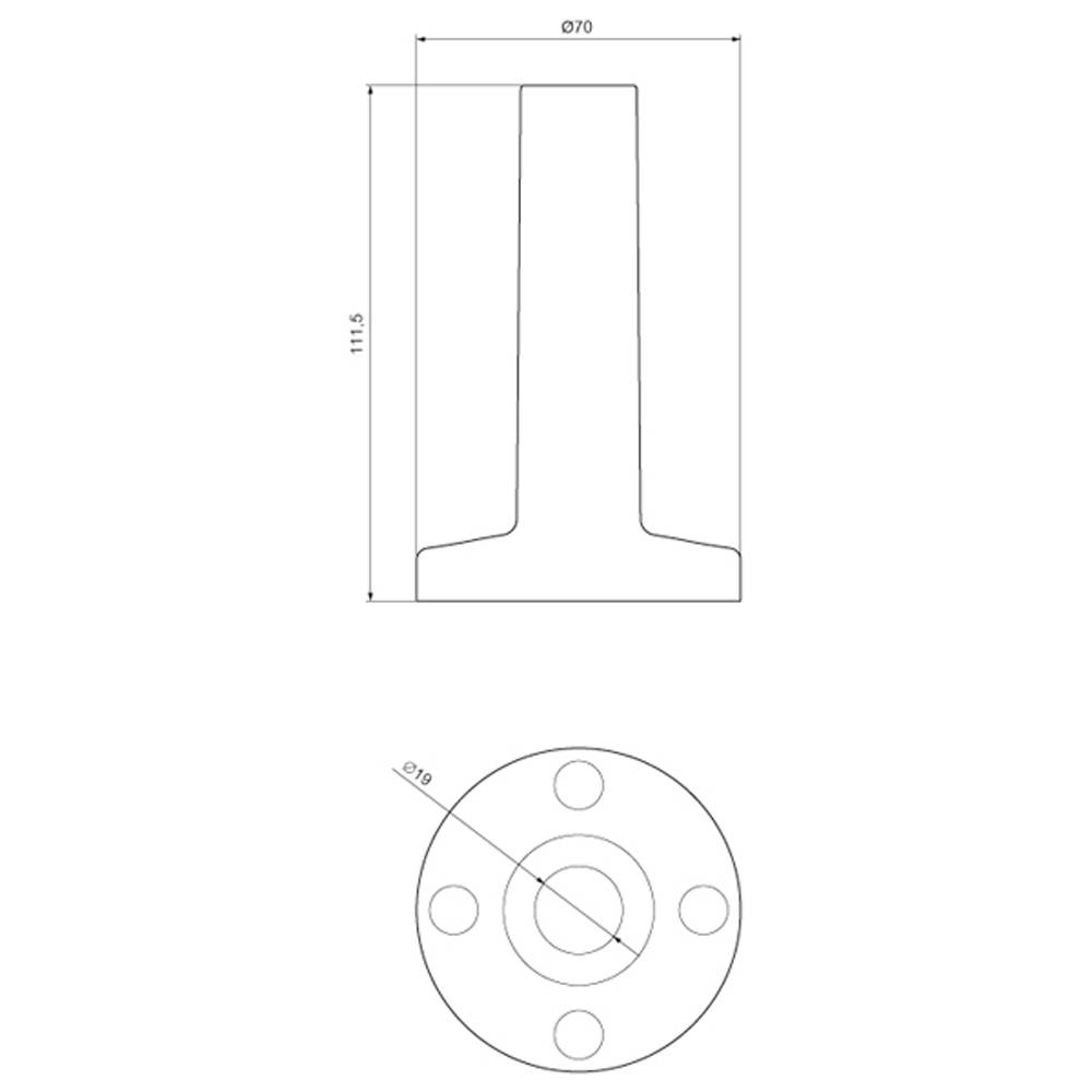 Technische tekening van een bout met rond dwarsprofiel. Bovenaanzicht met 70 mm breedte en 111,5 mm hoogte, onderaan bovenaanzicht met vier boorgaten.