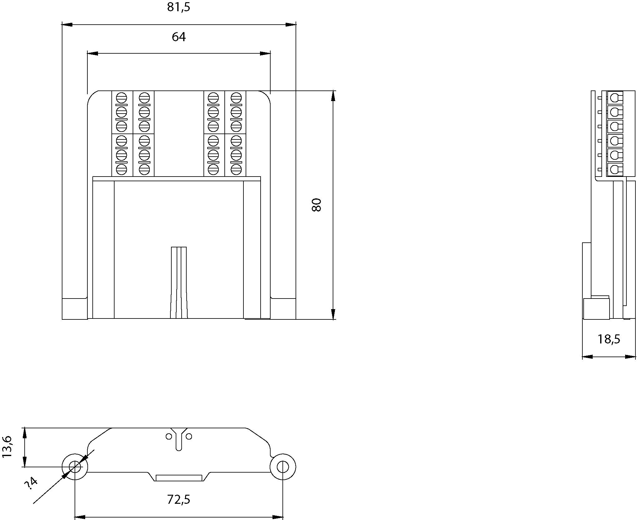 Technische tekening van een rechthoekig elektrisch onderdeel met afmetingen: 81,5 x 80 mm, breedte 64 mm, diepte 18,5 mm. Toont voor- en zijaanzicht.