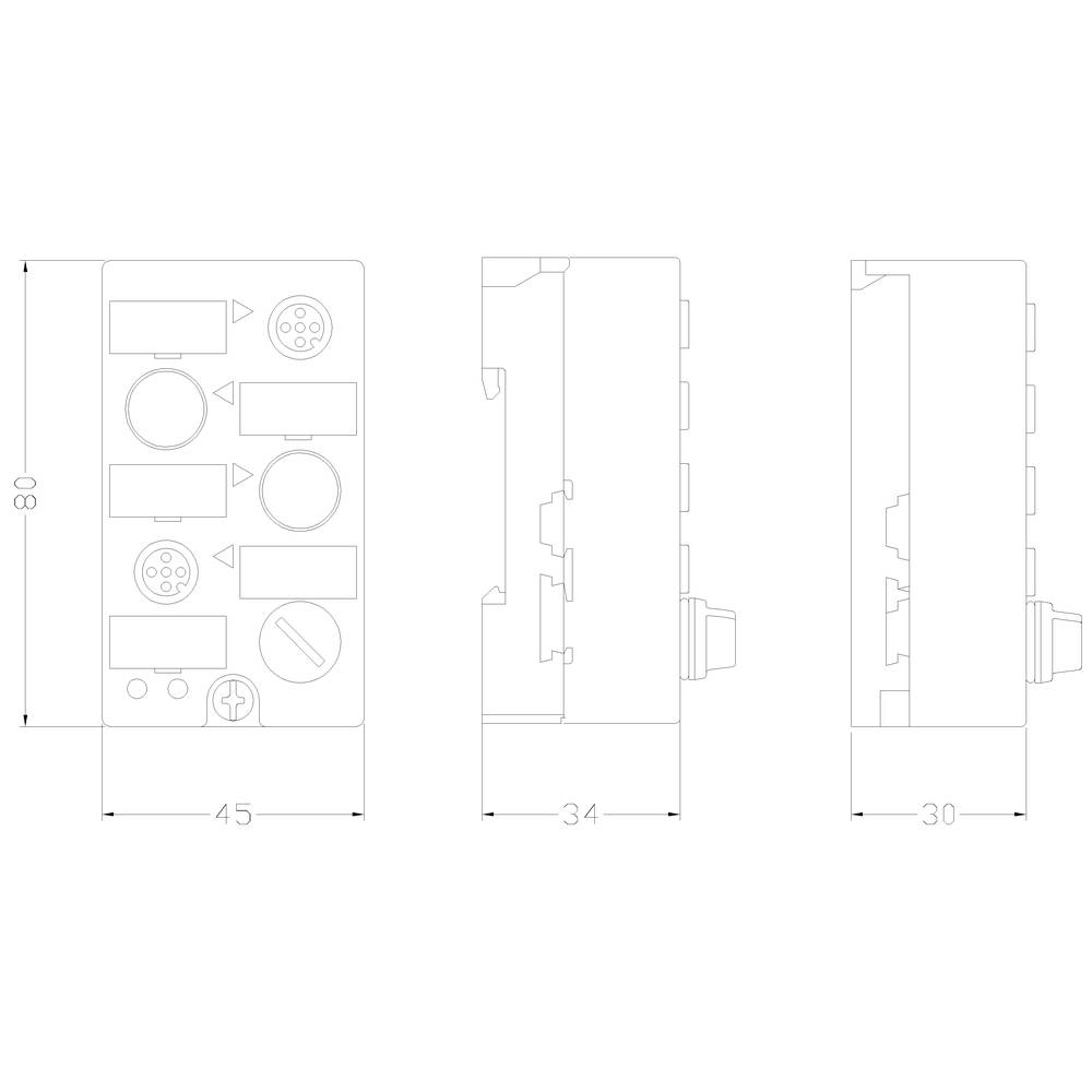 Technische tekening van elektrische stekkerverbindingen in verschillende aanzichten met afmetingen: 80x45 mm aan de zijkant, 34 mm en 30 mm diepte.