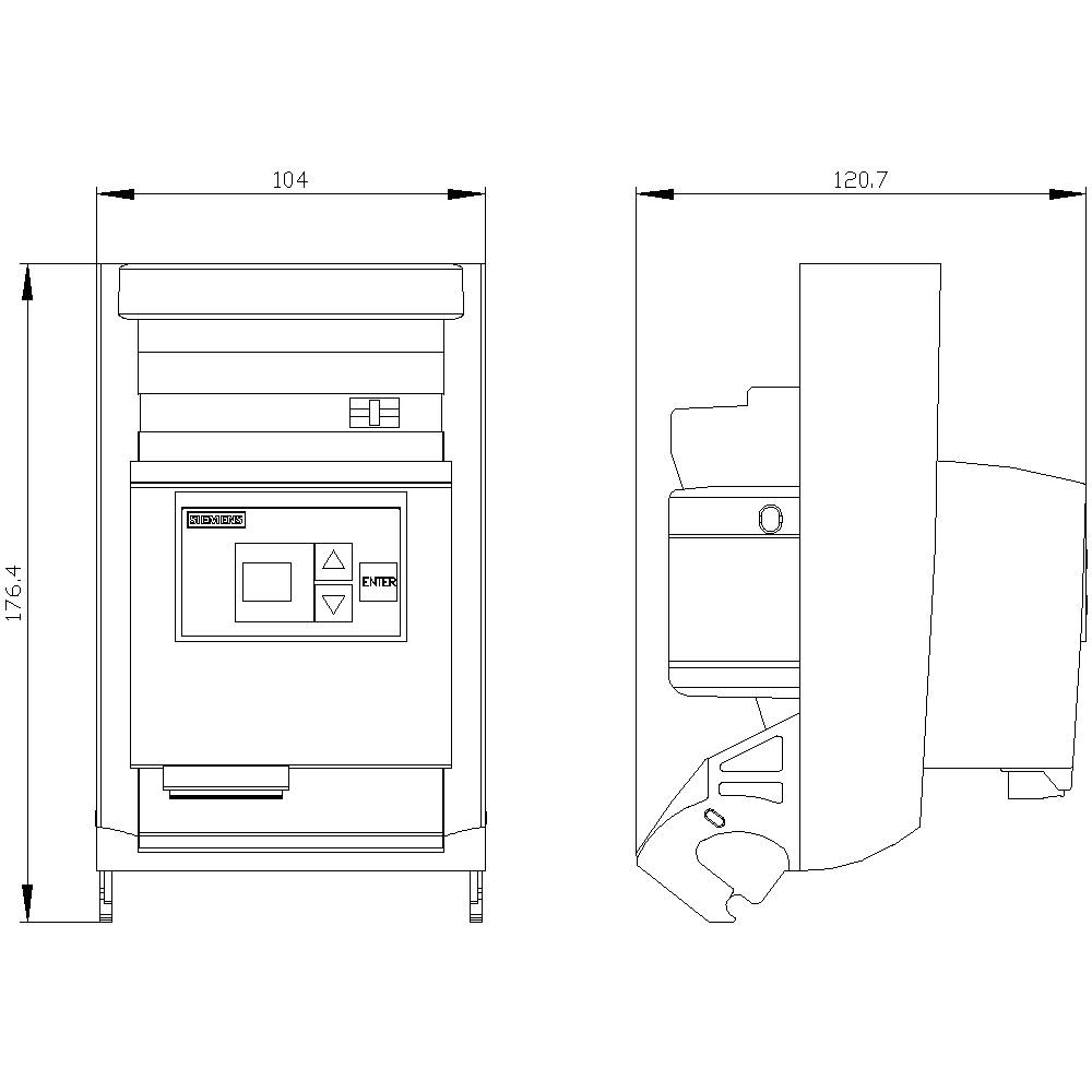 Technische tekening van een machine met afmetingen: links 104 cm breedte, 176,4 cm hoogte; rechts 120,7 cm diepte. Toont vooraanzicht en zijaanzicht.