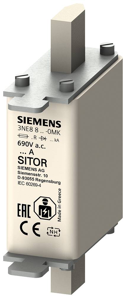 'Beveiligingsinzet van Siemens, model SITOR, 690V wisselstroom. Geschikt voor industriële toepassingen. Vervaardigd in Griekenland.'