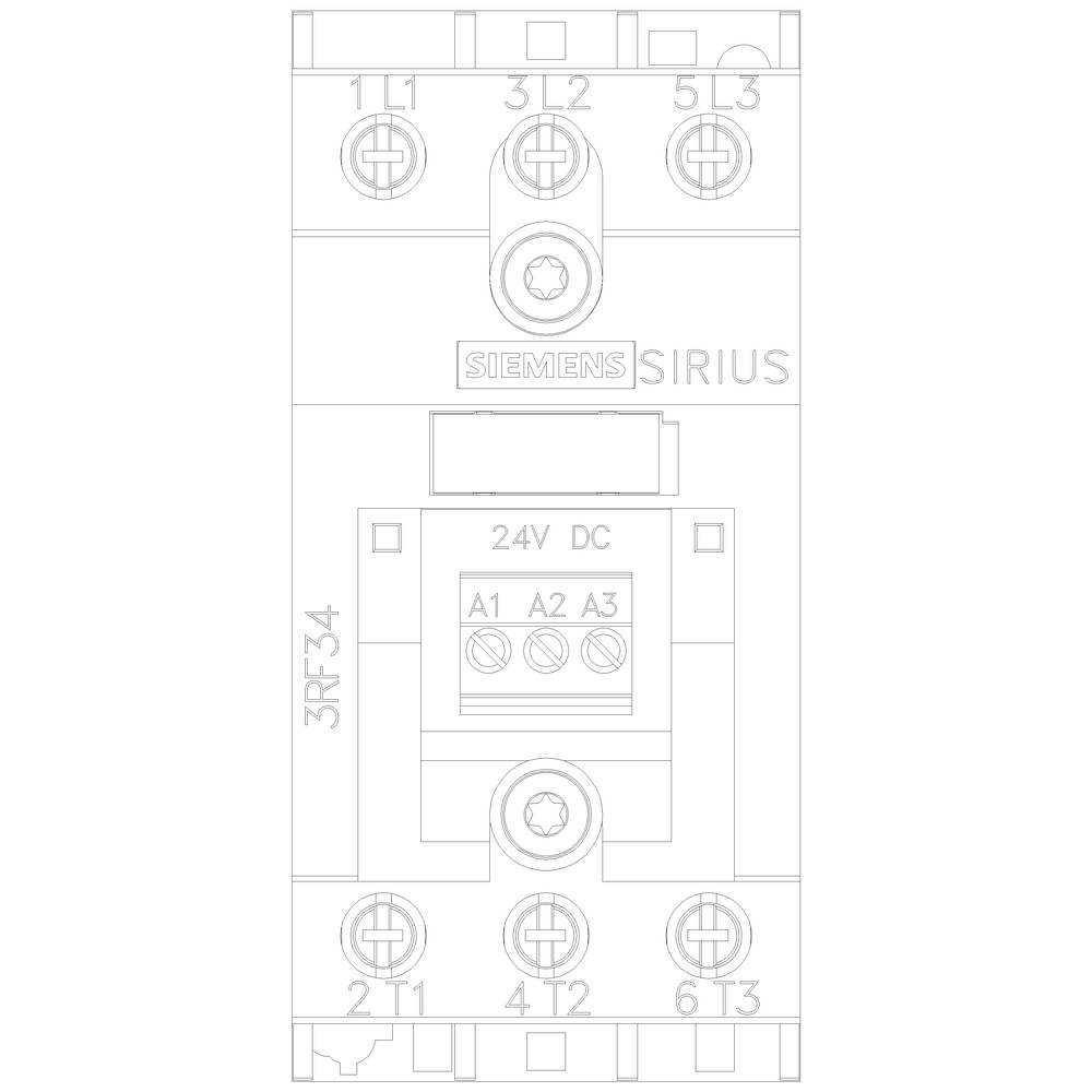 Afbeelding van een Siemens SIRIUS contactor met aansluitingen en labels. Spanning: 24V DC.