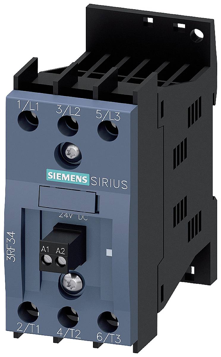 Een blauwe Siemens Sirius schakelaar. Modelnummer: 3RF34. Spanning: 24V DC. Elektronisch onderdeel met aansluitklemmen boven en onder.