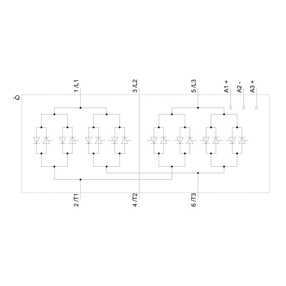 Schakelschema van een elektronisch onderdeel met zes dioden in twee parallelle rijen. Verbindingen van 1/L1 tot 6/Γ3 met A1+ tot A3+.
