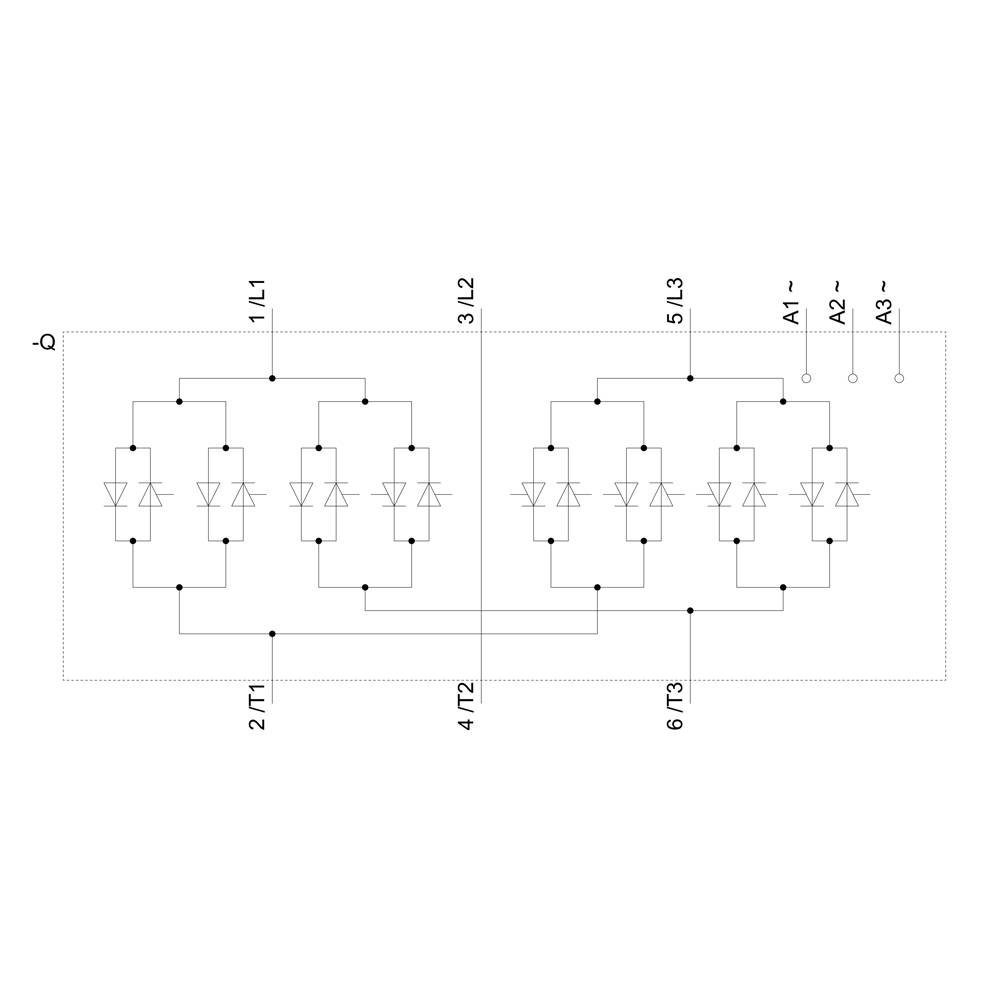 Principeschema van een driefasen bruggelijkrichter met zes dioden, gemarkeerd met ingangen (L1, L2, L3) en uitgangen (A1, A2, A3).