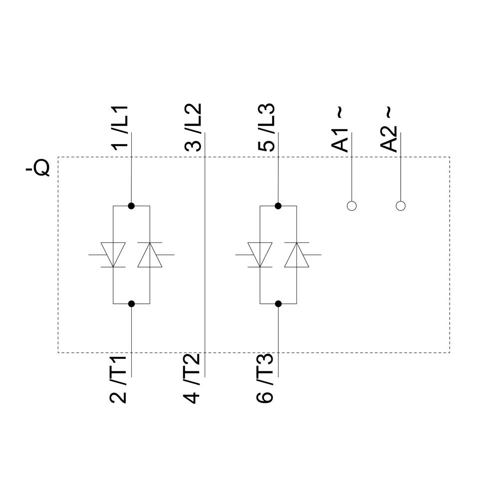 Diagram van een elektrisch schema met twee parallelle dioden in aparte secties, genummerde aansluitingen van 1 tot 6, en twee aansluitingen A1 en A2 voor wisselstroom.