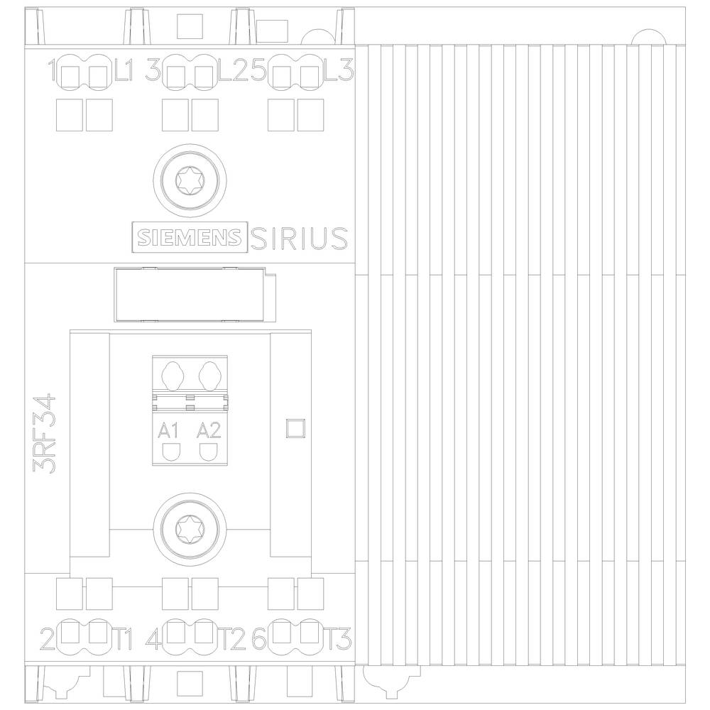 Een schakeltoestel met het opschrift 'Siemens Sirius'. Het toont een constructie met aansluitklemmen en de aanduiding '3RF34' aan de zijkant.