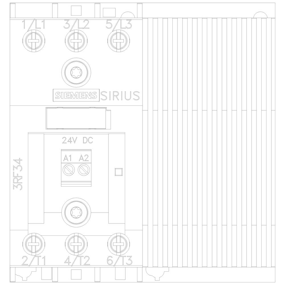 'Siemens Sirius 3RF34 contactor voor 24V DC', toont aansluitingen L1, L2, L3 en 2/1, 4/2, 6/3. Vooraanzicht elektrisch apparaat.