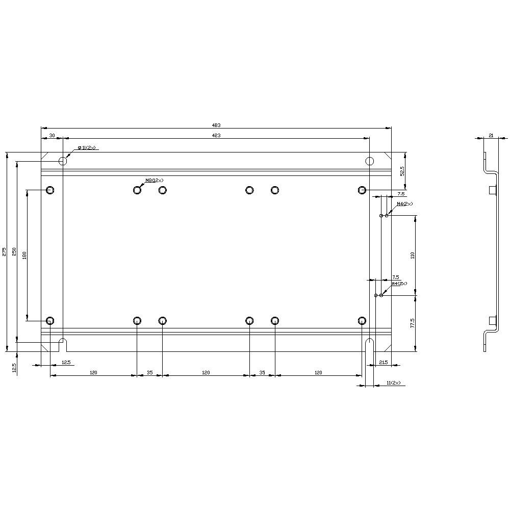 Technische tekening van een rechthoekig metalen onderdeel met afmetingen en gestanste gaten. Maatvoering in millimeters. Ontwerp en productie.