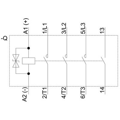 Schakelschema met relais en schakelaars. A1 positief, A2 negatief. Verbindingen naar 1/L1, 3/L2, 5/L3, en andere nummers.
