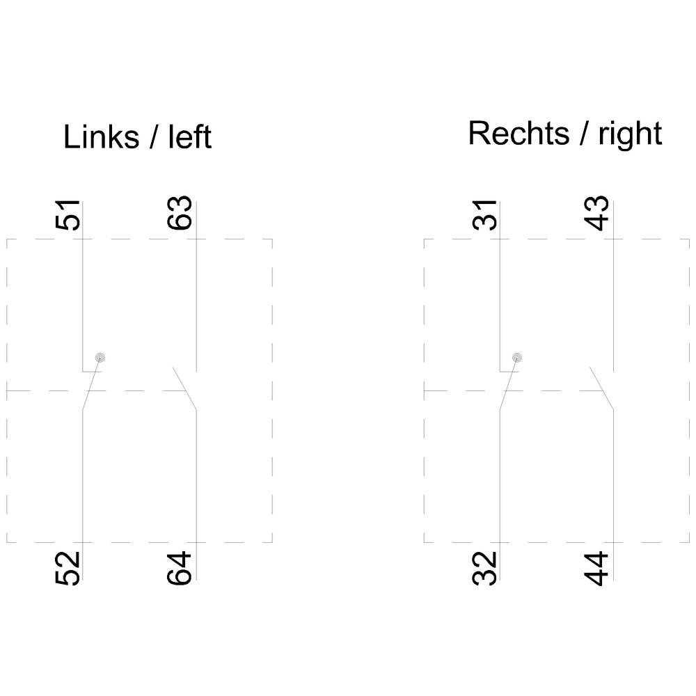 'Links / links' en 'Rechts / rechts' worden weergegeven als koppen. Onder 'links': getallen 51, 63 boven; 52, 64 beneden. Onder 'rechts': getallen 31, 43 boven; 32, 44 beneden.