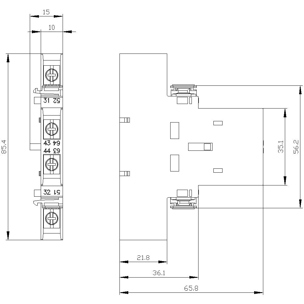 Technische tekening van een elektrische component met aansluitingen en afmetingen in millimeters, waaronder 85,4 mm, 56,2 mm en 65,8 mm.