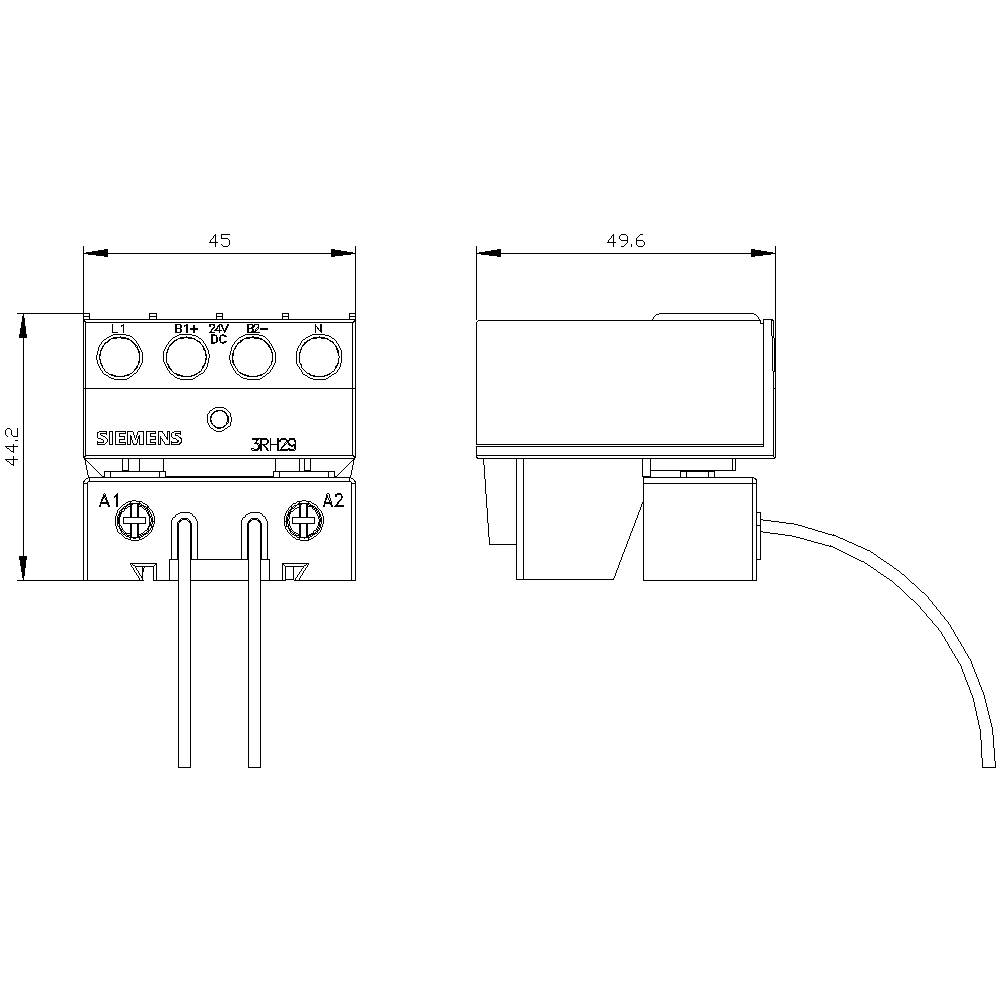 Technische tekening van een relais met afmetingen: breedte 45 mm, diepte 49,6 mm en hoogte 44,2 mm. Voor- en zijaanzicht weergegeven.