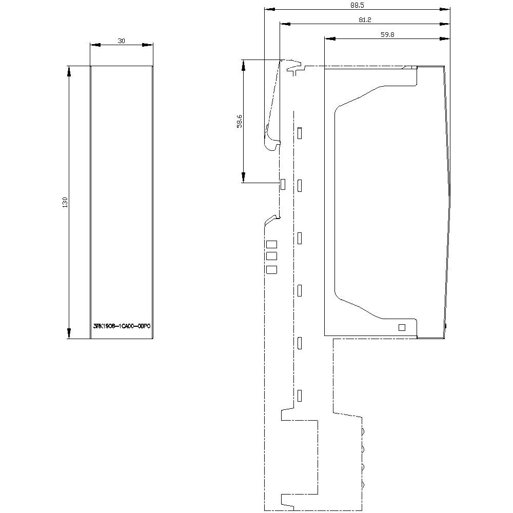 Technische tekening van een profiel met gedetailleerde maten in millimeters. Links zijaanzicht, rechts vooraanzicht met aantekeningen.