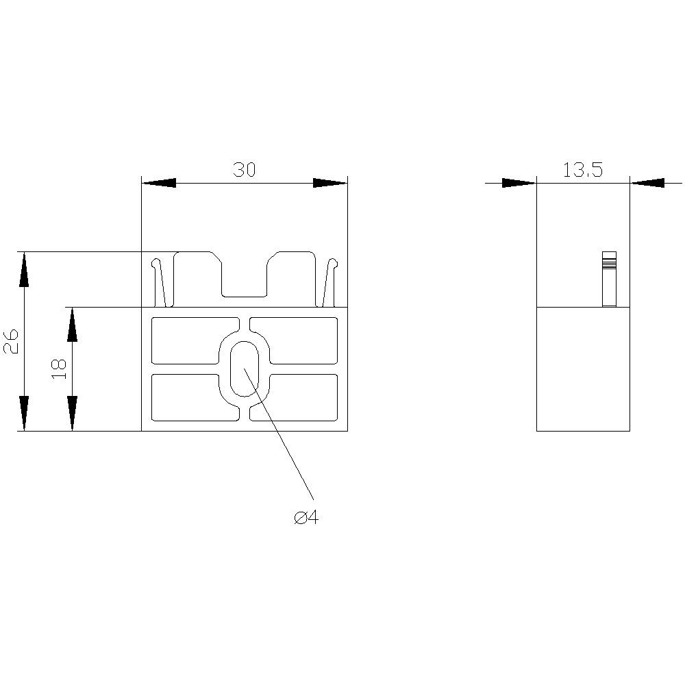 Technische tekening van een profiel. Vooraanzicht toont afmetingen: 30 mm breedte, 26 mm hoogte, 18 mm inwendige hoogte. Rechterzijde: 13,5 mm diepte.