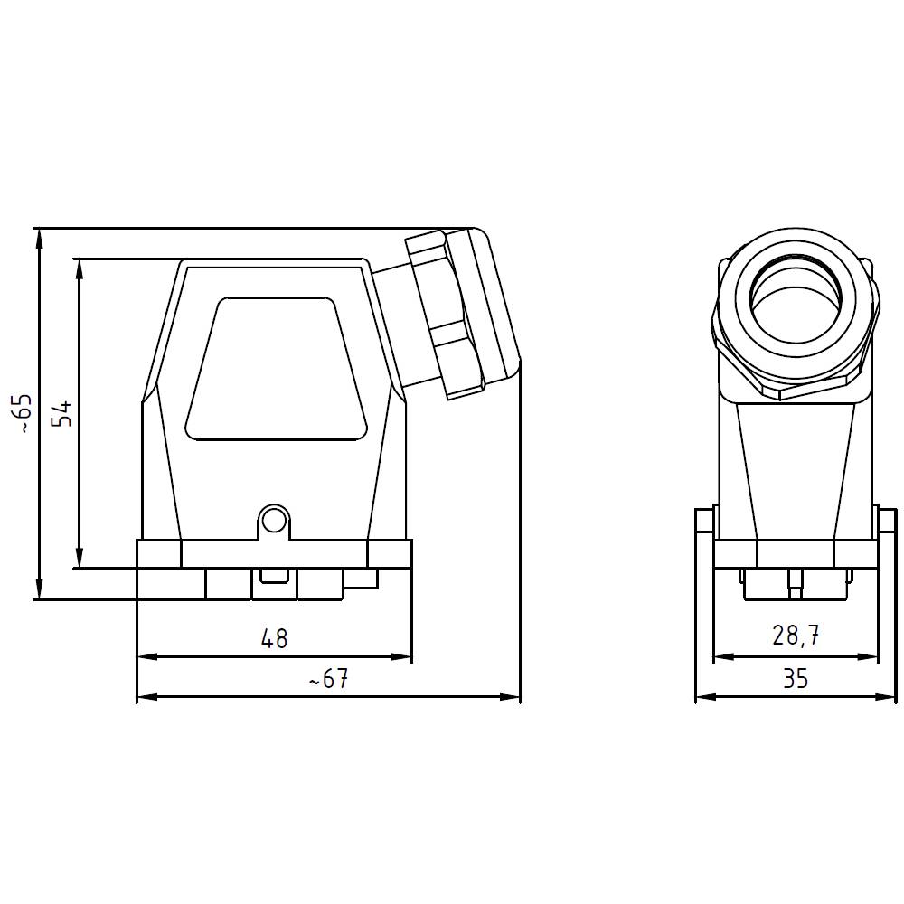 Technische tekening van een behuizing: zij- en vooraanzicht met afmetingen van 54 x 48 en 28,7 x 35 millimeter.