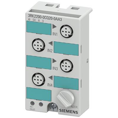 Siemens AS-Interface module met vier aansluitingen (IN1 tot IN4) en een draaischakelaar voor adressering, grijs behuizing.