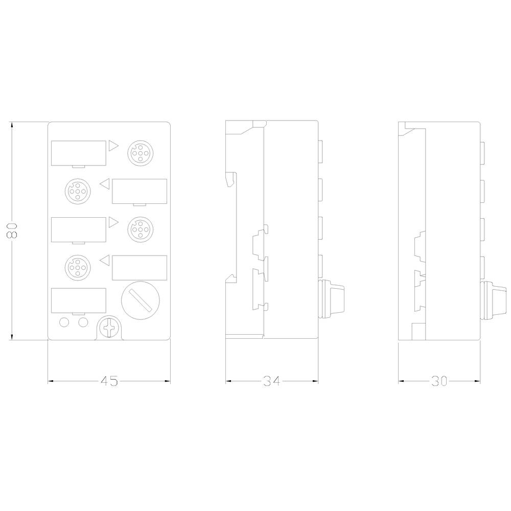 Technische tekening van een elektrische stekkerverbinding met afmetingen: hoogte 80 mm, breedte 45 mm, diepte 34 en 30 mm. Toont aansluitingen en doorsnede-aanzichten.