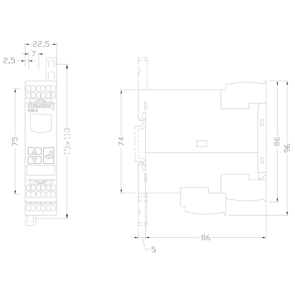 Technische tekening van een elektronisch onderdeel met afmetingen: breedte 22,5 mm, hoogte 98,6 mm, diepte 86 mm.
