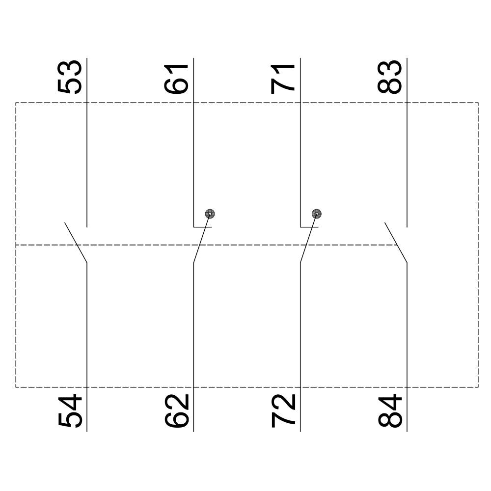 'Schema van een schakeling met vier parallelle lijnen, elk gemarkeerd met de nummers 53, 61, 71, 83 bovenaan en 54, 62, 72, 84 onderaan.'