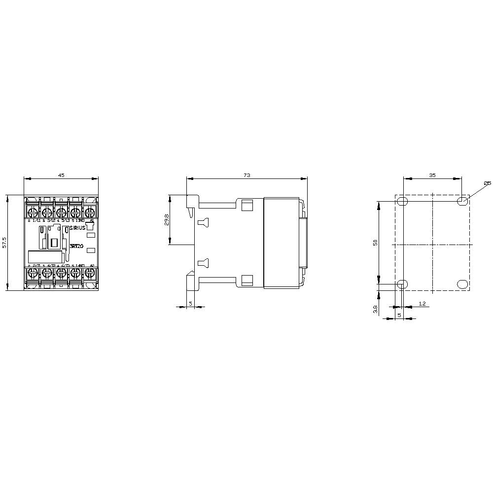 Technische tekening van een relais met vooraanzicht, zijaanzicht en bovenaanzicht. Afmetingen zijn weergegeven in millimeters, toont elektrische aansluitklemmen.