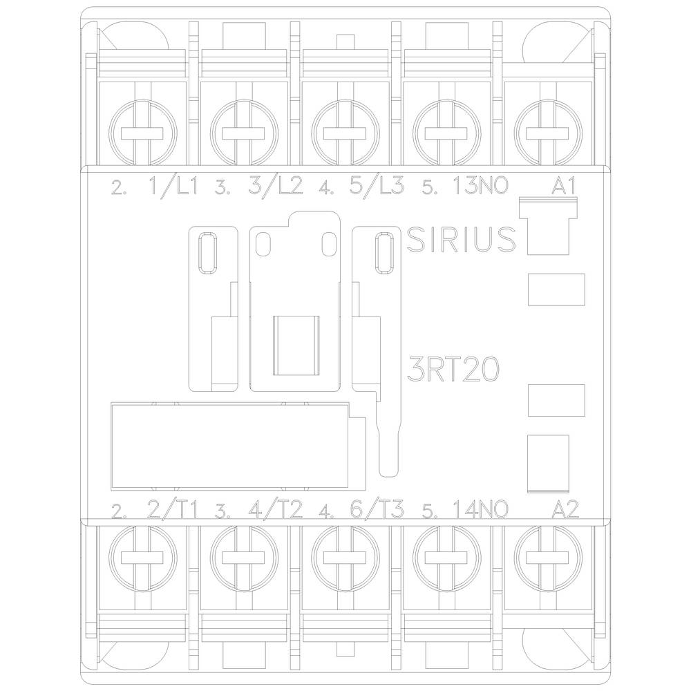 Een bedradingsschema van een elektrisch schakelrelais met labels voor aansluitingen en componenten. Geschikt voor de installatie van een Sirius 3RT20.