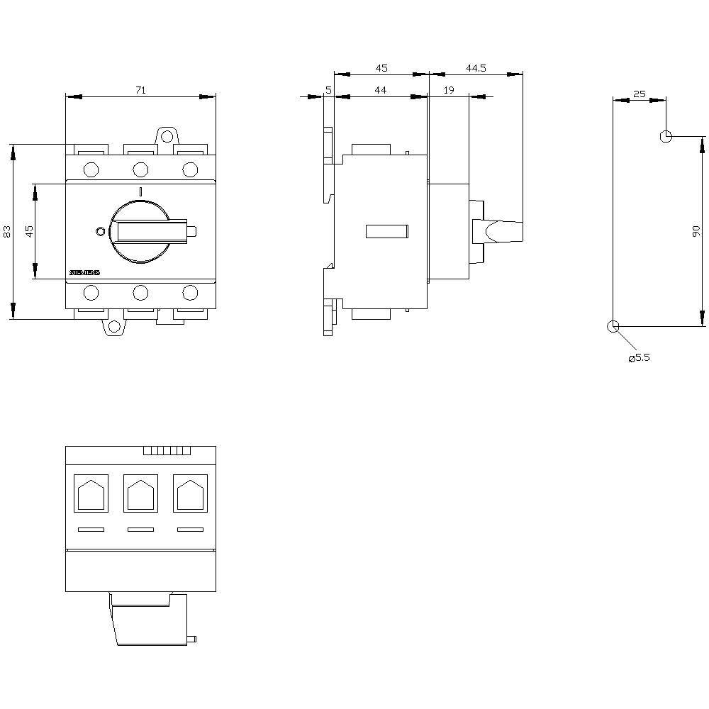 Technische tekening van een schakelaar met afmetingen: 71 mm breedte, 45 mm diepte, 55 mm hoogte, boorgat diameter 5,5 mm.