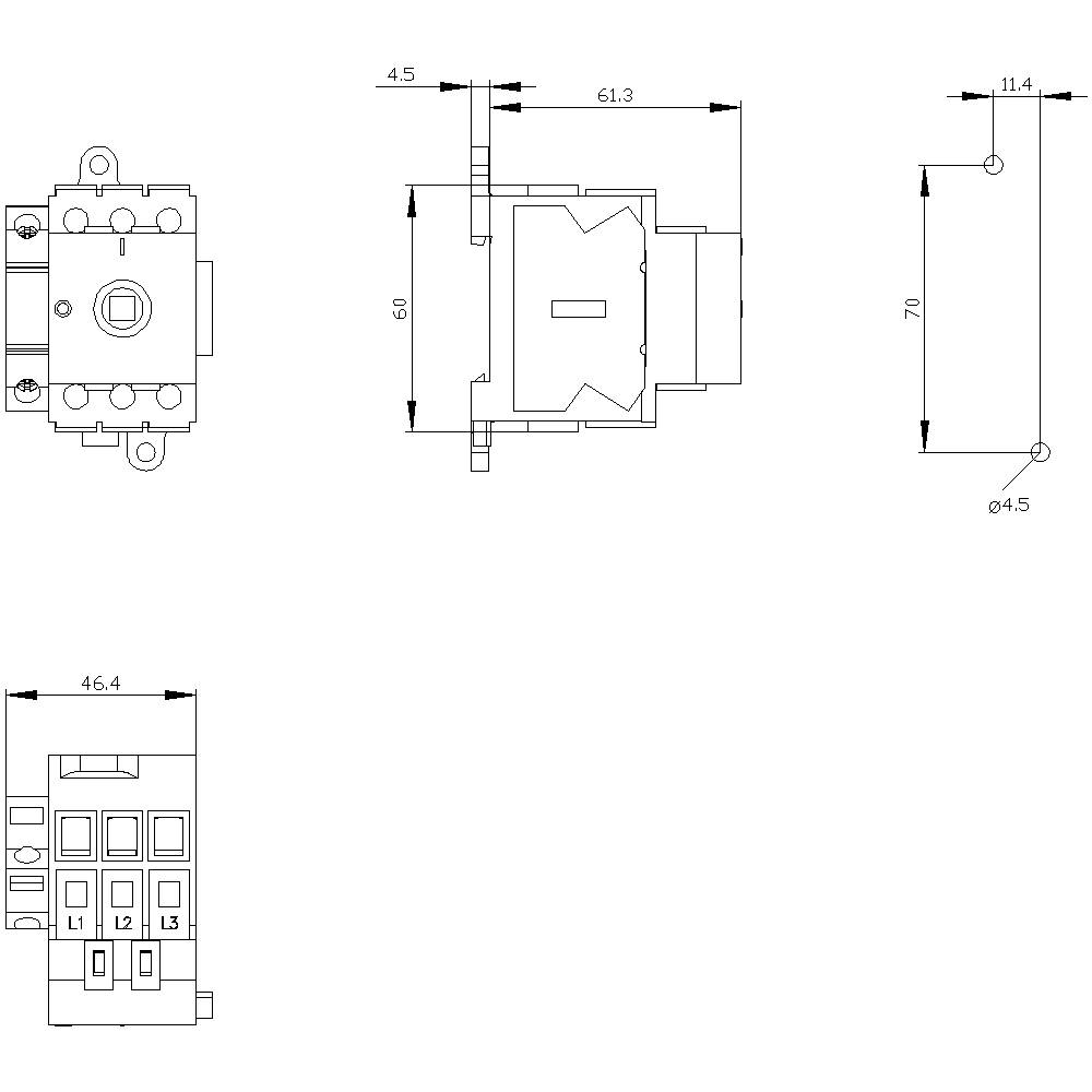 Technische tekening van een schakelaar met voor-, zij- en bovenaanzicht, inclusief afmetingen: 70 mm hoogte, 46,4 mm breedte, 61,3 mm diepte.