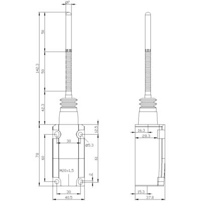 Technische tekening van een cilindervormige sensor met afmetingen in millimeters. Vooraanzicht en zijaanzicht tonen nauwkeurige afmetingen.