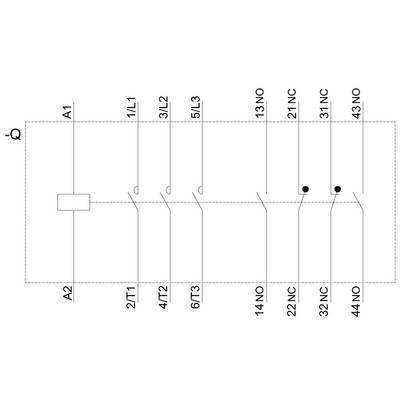 Schakelschema met symbolen voor schakelaars en leidingen. Toont verbindingen en aansluitingsaanduidingen van A1 tot A2 met specifieke contactpunten.