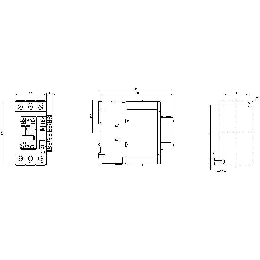 Een technische tekening van een elektronisch onderdeel met drie aanzichten: vooraanzicht, zijaanzicht en bovenaanzicht, inclusief afmetingen in millimeters.