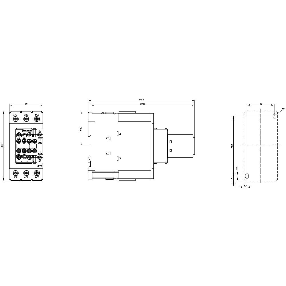 Technische tekening van een behuizing met afmetingen en aansluitingen, in drievoudige weergave: vooraanzicht, zijaanzicht en bovenaanzicht.