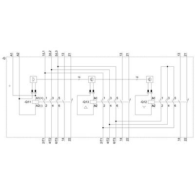 'Schakelschema van een elektrische stroomkring met drie modules, bestaande uit relais, contacten en schakelaars, verbonden door kabels.'