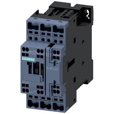 De afbeelding toont een Siemens Sirius schakelaar, model 3RT120, in een donkere behuizing. Dit zijn elektrische schakelapparatuur voor motorbesturing.
