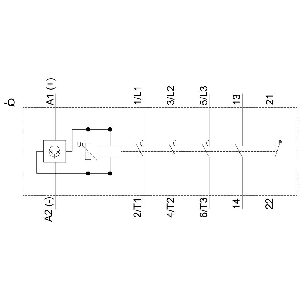 Bedradingsschema van een elektrische contactor met aansluitingen A1(+) en A2(-), alsmede schakelcircuits voor L1, L2, L3, T1, T2, T3.
