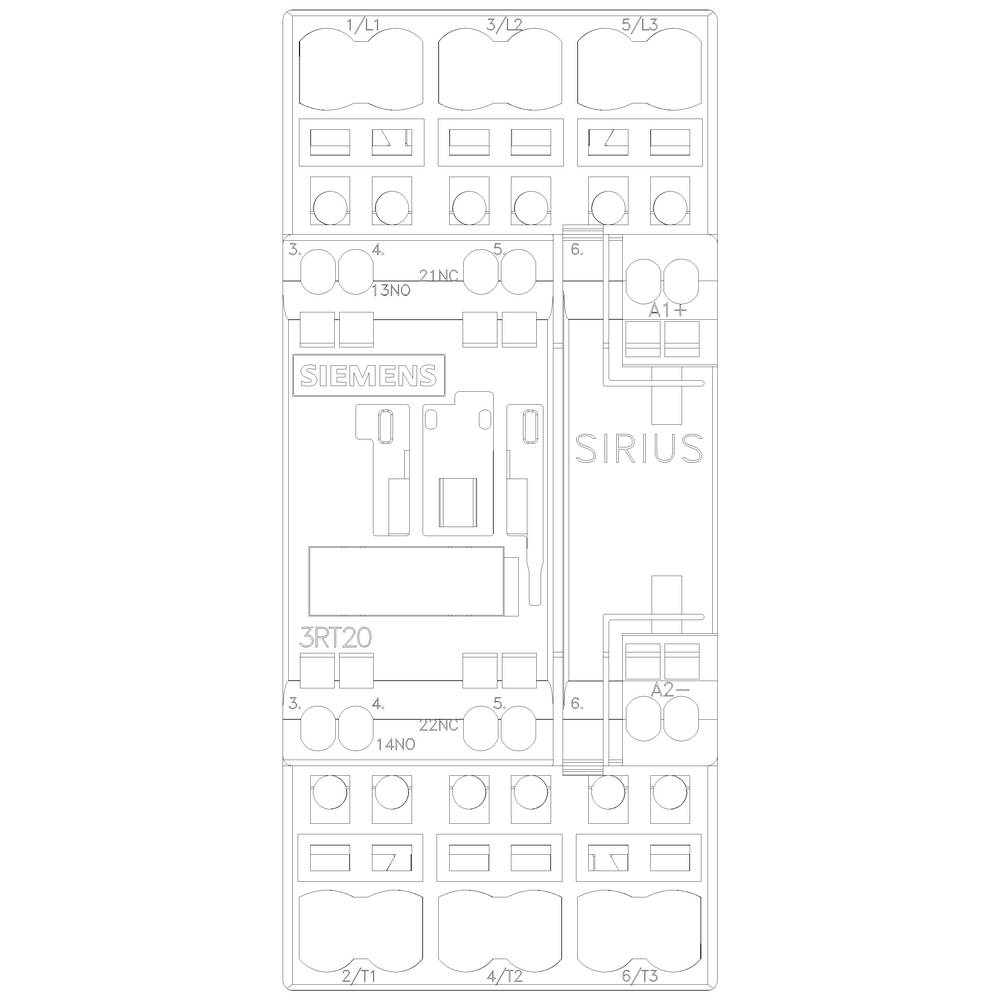 Schakelschema van een Siemens SIRIUS schakelaar met meerdere aansluitklemmen boven en onder. 3RT20 modelnummer zichtbaar in het midden.