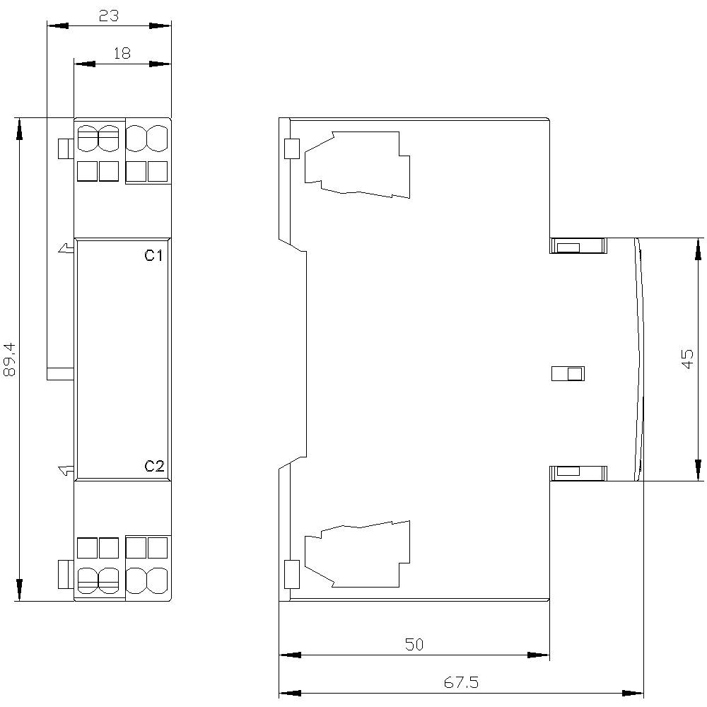Technische tekening van een elektronisch onderdeel met afmetingen 89,4 x 67,5 x 45 mm. Aansluitklemmen C1 en C2 zijn gemarkeerd.