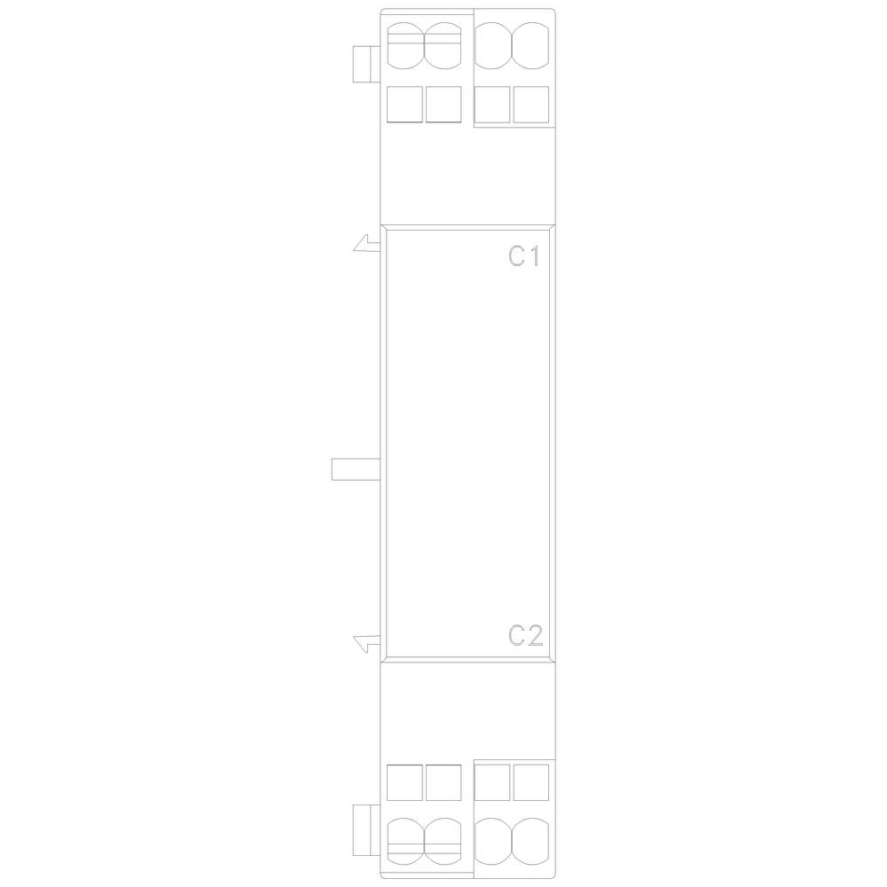 Schema van een rechthoekige ruimte met zitplaatsen en tafels aan beide uiteinden, gemarkeerd als 'C1' en 'C2'; zijdelingse ingang zichtbaar.