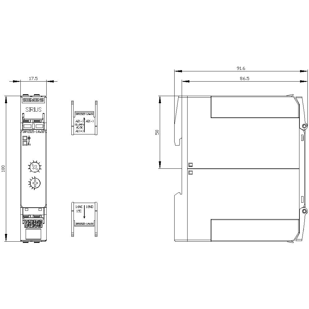 Technische tekening van een elektronisch apparaat met afmetingen: breedte 175 mm, hoogte 91,6 mm. Vooraanzicht met details van aansluitingen.