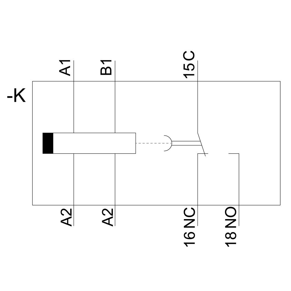 Schakelschema van een relais: Contacten A1, A2 en B1 links, contacten 15C, 16NC en 18NO rechts. Verbindingslijn tussen 15C en 16NC.