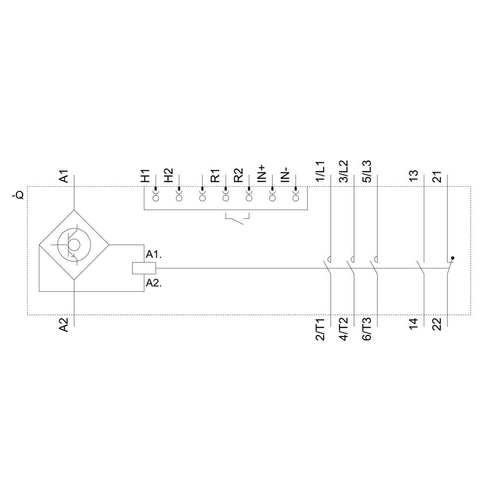 Schakelschema van een elektrisch systeem met relais, transformator en aansluitpunten A1, A2, H1, H2, R1, R2 alsmede 1/L1, 5/L3.