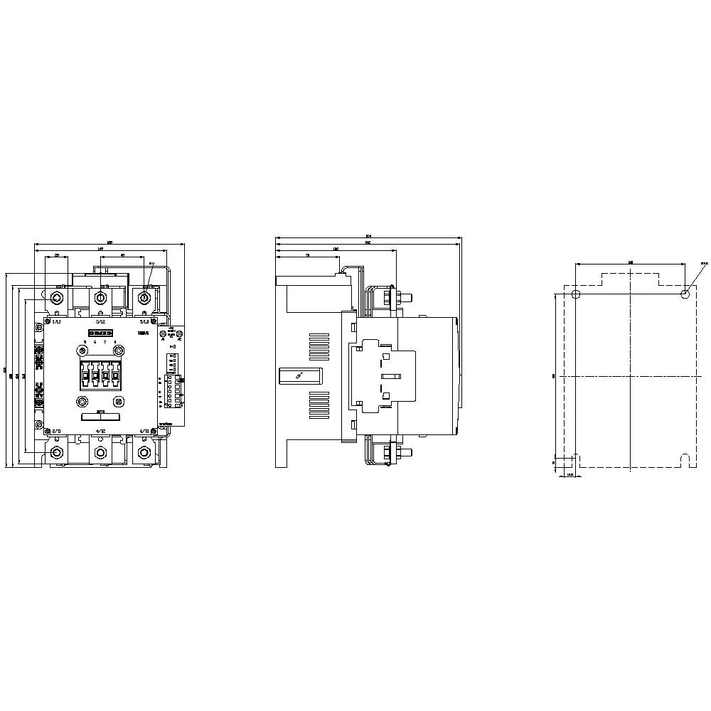 Technische tekening van een apparaat, toont vooraanzicht, zijaanzicht en bovenaanzicht met aansluitingsdiagrammen, technische specificaties en afmetingen.