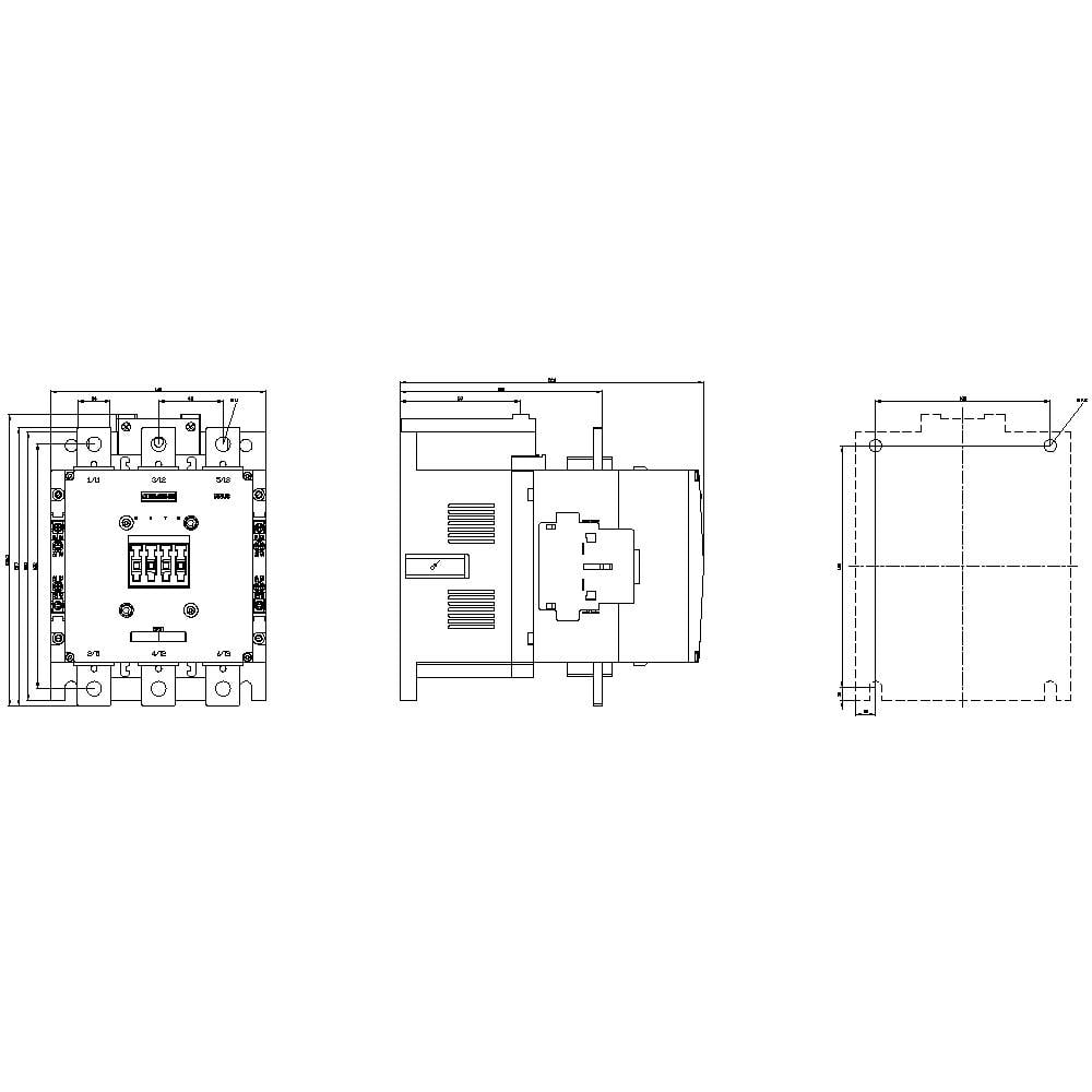 Technische tekening van een elektrische contactor in drie aanzichten: voor-, zij- en bovenaanzicht, met gedetailleerde componenten.