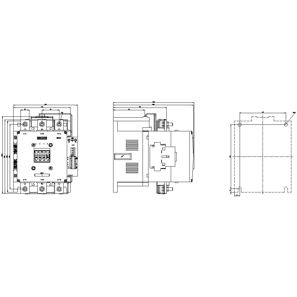Technische tekening van een elektrische schakelaar met voor-, zij- en bovenaanzicht, waarop verschillende mechanische details zichtbaar zijn.
